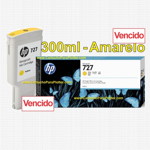 Cartucho HP 727 - Tinta Amarelo 300 ml - F9J78A - VENCIDO - para Plotter HP Designjet T920, T930, T1500, T1530, T2500 e T2530