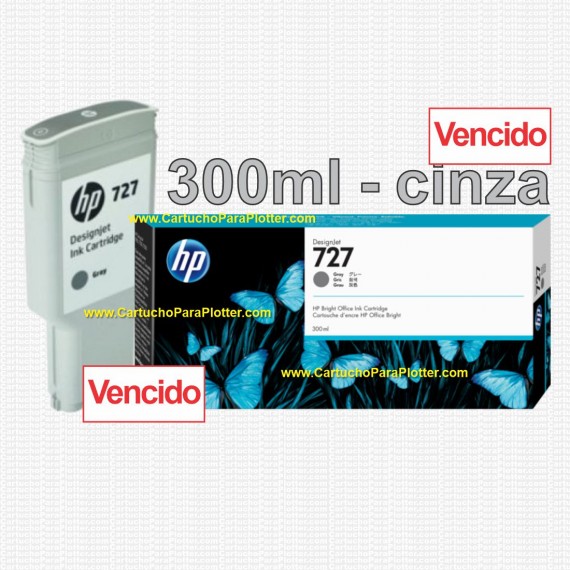 Cartucho HP 727 - Tinta Cinza (Gray) 300 ml - F9J80A - VENCIDO - para Plotter HP Designjet T920, T930, T1500, T1530, T2500 e T2530