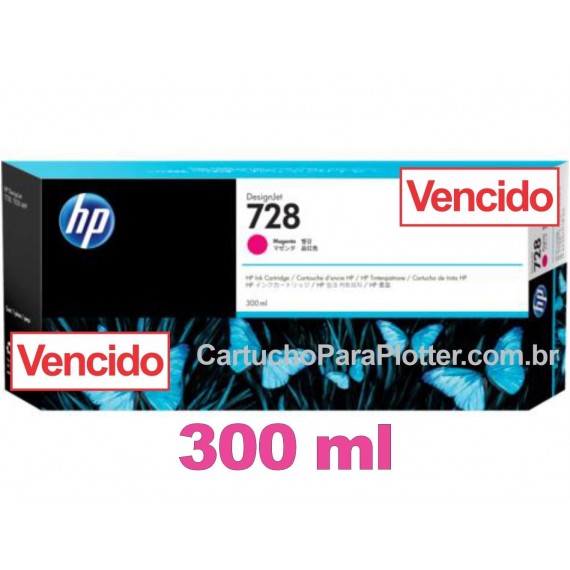 Cartucho de Tinta HP 728 - Tinta Magenta (M) 300 ml - F9K16A VENCIDO para Plotter HP T730 e T830