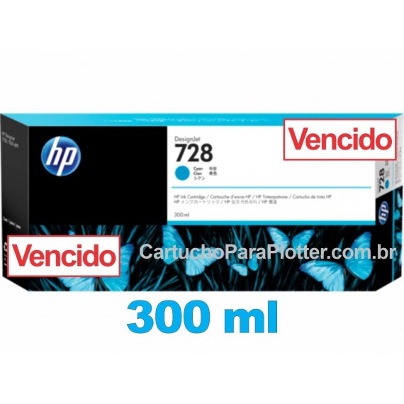 Cartucho de Tinta HP 728 - Tinta Ciano (C) 300 ml - F9K17A VENCIDO para Plotter HP T730 e T830