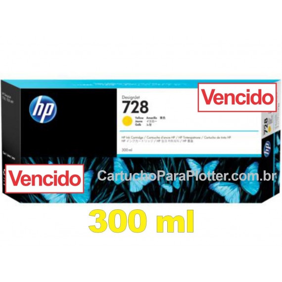 Cartucho de Tinta HP 728 - Tinta Amarelo (Y) 300 ml - F9K15A VENCIDO para Plotter HP T730 e T830