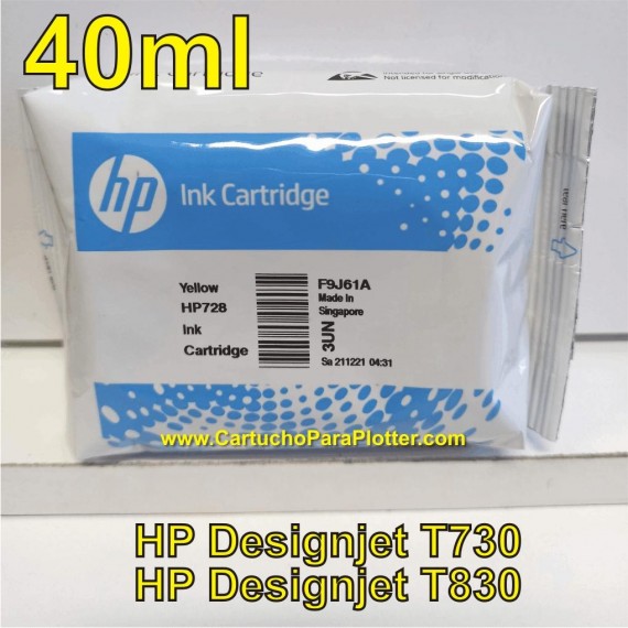 Cartucho de Tinta HP 728 - Tinta Amarelo  (Y) 40ml - F9J61A para Plotter HP T730 e T830 sem caixa